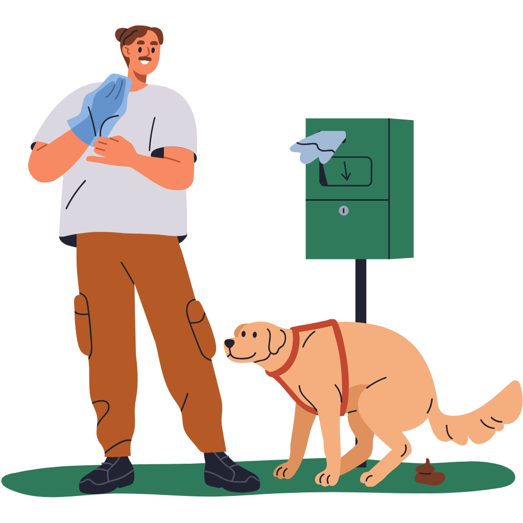 Person walking dog and picking up waste near green disposal bin
