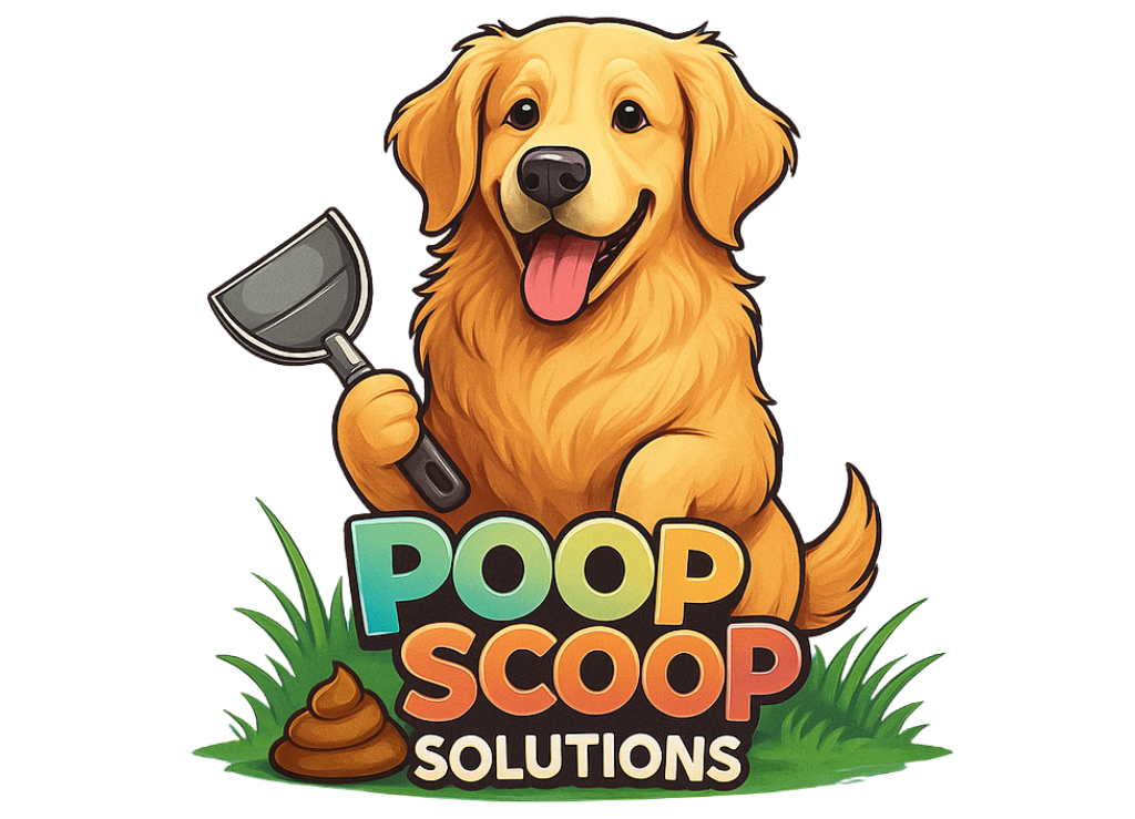 Golden retriever with poop scoop for pet waste removal service logo